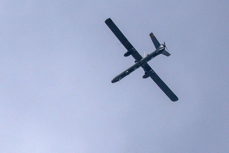 A drone flies over Israel, after a 10-day ceasefire between Lebanon and Israel went into effect, near the Israeli border with Lebanon, April 17, 2026. REUTERS/Florion Goga/File Photo