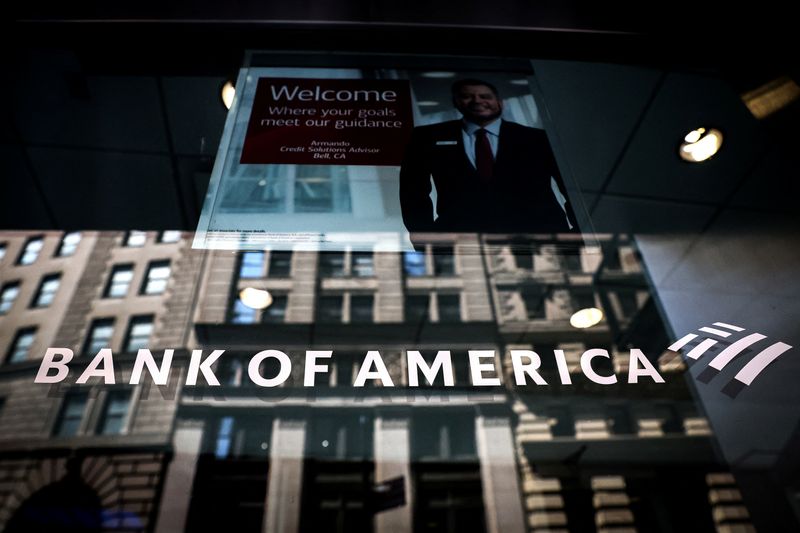 FILE PHOTO: A Bank of America logo is seen on the entrance to a Bank of America financial center in New York City, U.S., July 11, 2023.  REUTERS/Brendan McDermid/ File Photo