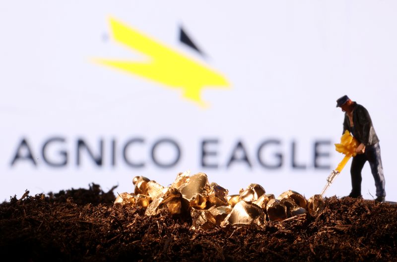 A small toy figure and gold imitation are seen in front of the Agnico Eagle logo in this illustration taken November 19, 2021. REUTERS/Dado Ruvic/Illustration