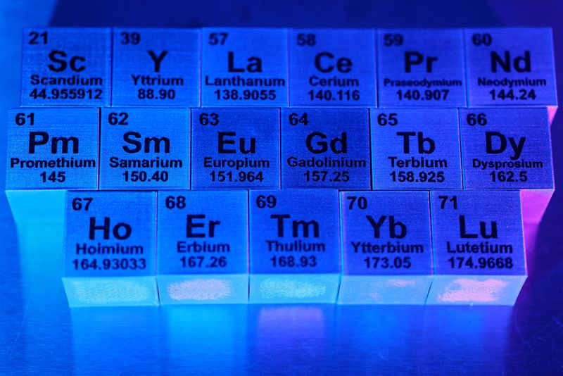 FILE PHOTO: Blocks with symbols and atomic numbers of Rare Earth Elements (REE), in this illustration taken January 21, 2026. REUTERS/Dado Ruvic/Illustration/File Photo