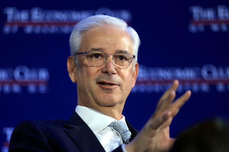 Wells Fargo CEO Charlie Scharf is interviewed by David Rubenstein, Chairman of the Economic Club of Washington D.C., (not picutred) during an event in Washington, D.C., U.S., April 20, 2026. REUTERS/Evelyn Hockstein