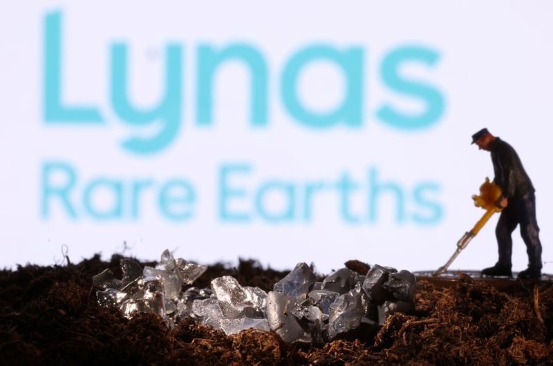 A small toy figure and mineral imitation are seen in front of the Lynas Rare Earths logo in this illustration taken November 19, 2021. REUTERS/Dado Ruvic/Illustration