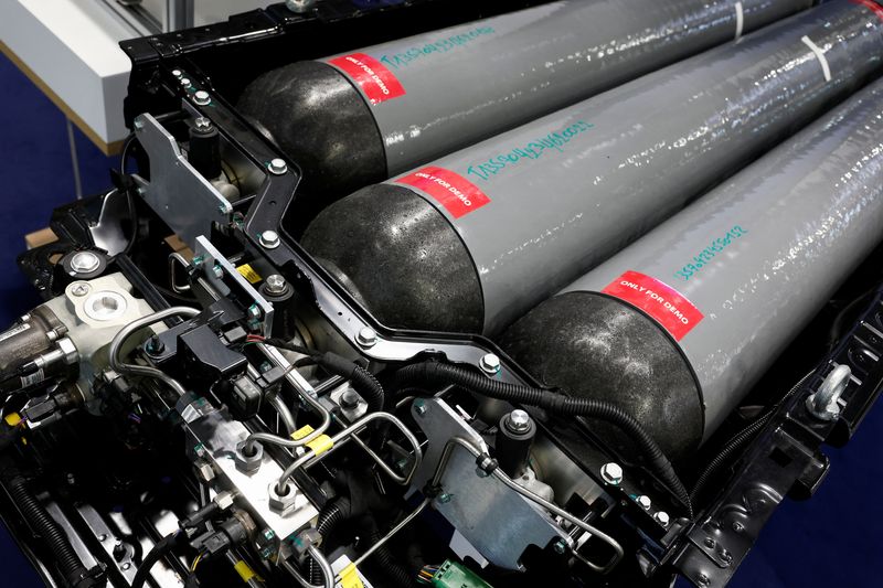 A hydrogen storage system manufactured by OPmobility is pictured at the Hyvolution exhibition in Paris, France, January 28, 2025. REUTERS/Benoit Tessier