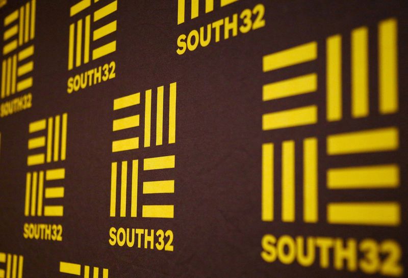 FILE PHOTO: The logo of Australian miner South32 can be seen at the venue of a media conference in Perth, Western Australia, November 18, 2015.  REUTERS/David Gray/File Photo