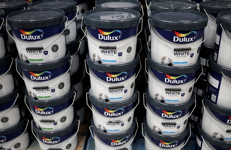 FILE PHOTO: Cans of Dulux paint, an AkzoNobel brand, are seen on the shelf of a DIY retail store in Manchester, Britain, June 14, 2024. REUTERS/Phil Noble/File Photo