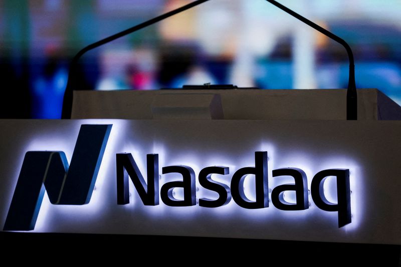 FILE PHOTO: The Nasdaq logo is displayed at the Nasdaq Market, in New York City, New York, U.S., February 27, 2026. REUTERS/Jeenah Moon/File Photo/File Photo