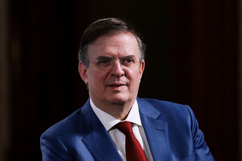 FILE PHOTO: Mexico's Minister of Economy Marcelo Ebrard attends a press conference, following U.S. President Donald Trump's announcement of auto industry tariffs, at the National Palace, in Mexico City, Mexico April 3, 2025. REUTERS/Henry Romero/File Photo