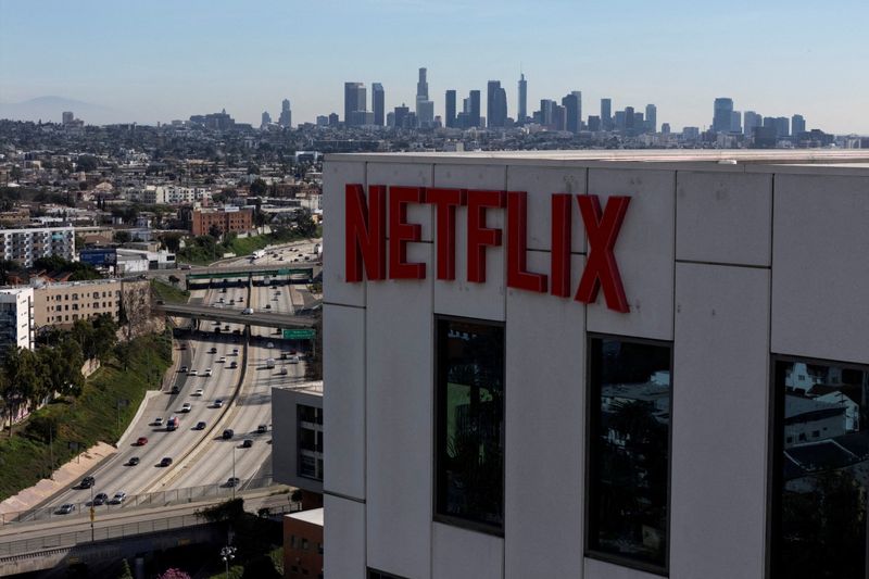 FILE PHOTO: A drone view shows the Netflix logo on one of the company's buildings in the Hollywood neighborhood in Los Angeles, California, U.S., January 20, 2026. REUTERS/Daniel Cole/File Photo