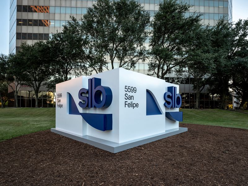 FILE PHOTO: The entrance to oilfield service provider SLB's office in Houston, Texas, showing the former Schlumberger's new name and logo, is seen in this handout image taken June 2023. Courtesy of SLB/Handout via REUTERS ATTENTION EDITORS - THIS IMAGE HAS BEEN SUPPLIED BY A THIRD PARTY./File Photo