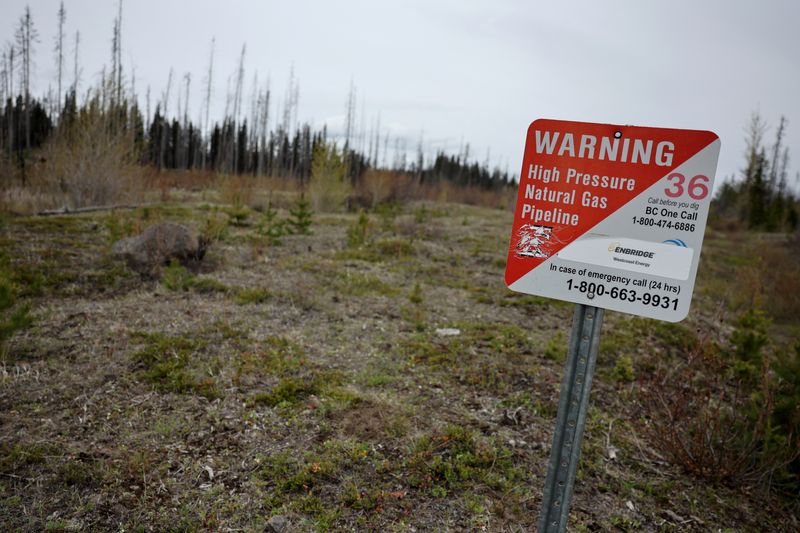 A sign marks the presence of the Westcoast Transmission System (Westcoast), also known as Enbridge's BC Pipeline, which delivers natural gas to the U.S. Pacific Northwest, on a mountain plateau near Hihium Lake, British Columbia, Canada May 28, 2024. REUTERS/Chris Helgren