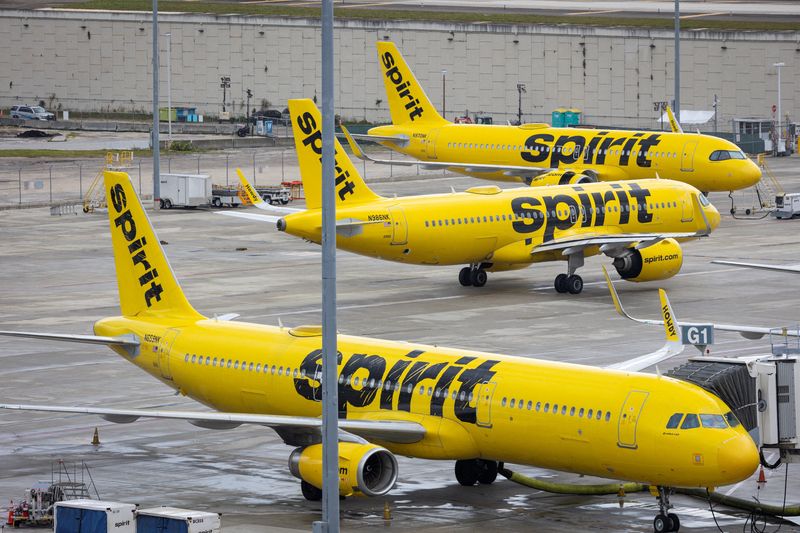 FILE PHOTO: Spirit Airlines airplanes sit parked at Fort Lauderdale - Hollywood International Airport, in Fort Lauderdale, Florida, U.S., April 23, 2026. REUTERS/Marco Bello/File Photo