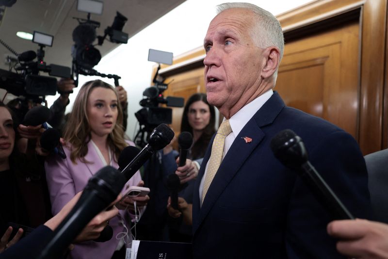 U.S. Senator Thom Tillis (R-NC) speaks to the media, on the day of a Senate Banking Committee confirmation hearing for Kevin Warsh, U.S. President Donald Trump's nominee to be next chair of the Federal Reserve, on Capitol Hill in Washington, D.C., U.S., April 21, 2026. REUTERS/Evelyn Hockstein