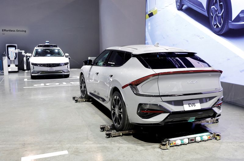 FILE PHOTO: A Kia EV6 is moved with A H-Motion robots, a Hyundai WIA autonomous parking system, in the Hyundai Motor Group booth during CES 2026, an annual consumer electronics trade show, in Las Vegas, Nevada, U.S. January 6, 2026.  REUTERS/Steve Marcus/File Photo