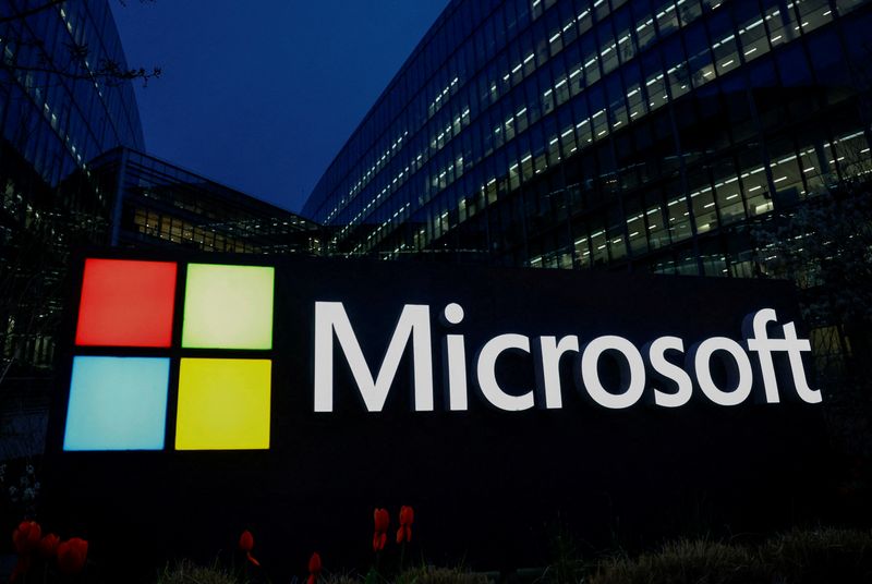 FILE PHOTO: A view shows a Microsoft logo at Microsoft offices in Issy-les-Moulineaux near Paris, France, March 25, 2024. REUTERS/Gonzalo Fuentes/File Photo