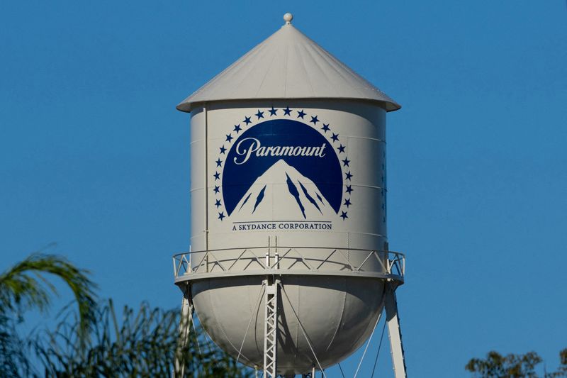 FILE PHOTO: The Paramount water tower is shown on the Paramount studio lot in Hollywood, Los Angeles, California, U.S., January 13, 2026.  REUTERS/Mike Blake/File Photo