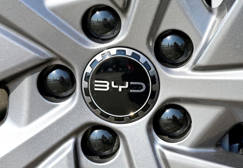 FILE PHOTO: The BYD logo on an ATTO 3 EVO vehicle during a media driving event of Chinese carmaker BYD (Build Your Dreams) in Hamburg, Germany, March 19, 2026. REUTERS/Fabian Bimmer/File Photo