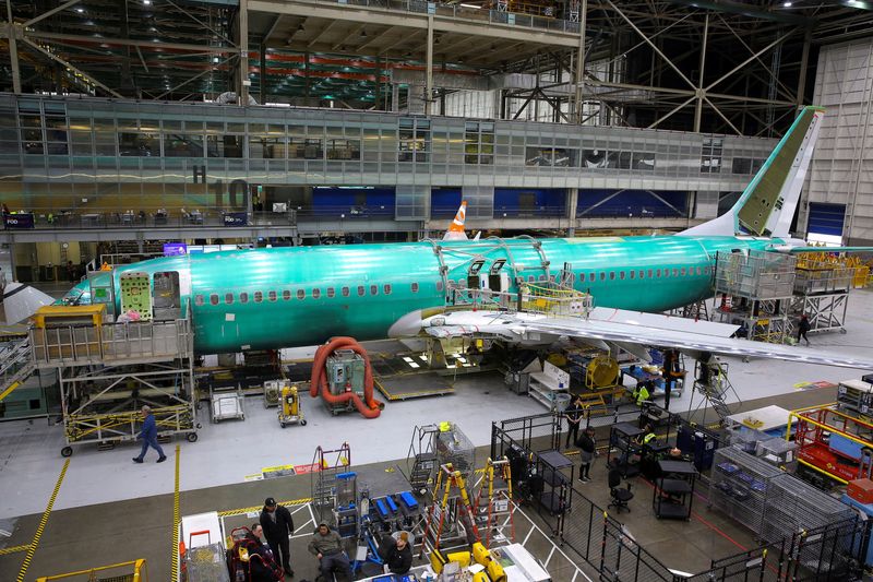 FILE PHOTO: A 737 MAX airplane is seen on the final assembly production line during a media tour of the Boeing factory in Renton, Washington, U.S., April 15, 2026. REUTERS/Genna Martin/File Photo