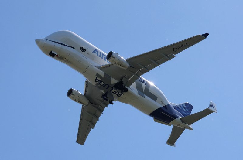 A Beluga transport plane belonging to Airbus takes off from Nantes Atlantique Airport in Bouguenais near Nantes, France, April 8, 2026. REUTERS/Stephane Mahe/File Photo