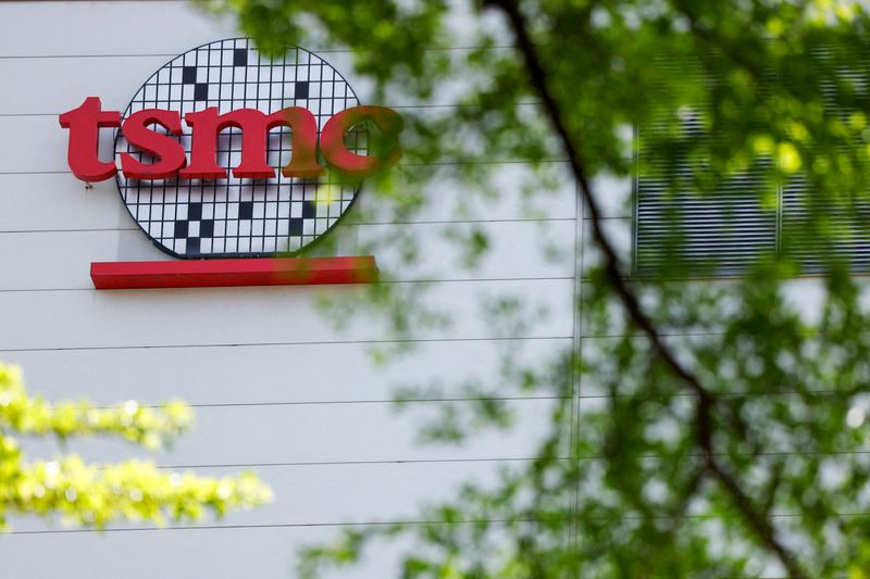 FILE PHOTO: The TSMC logo is displayed on a building in Hsinchu, Taiwan April 15, 2025. REUTERS/Ann Wang/File Photo