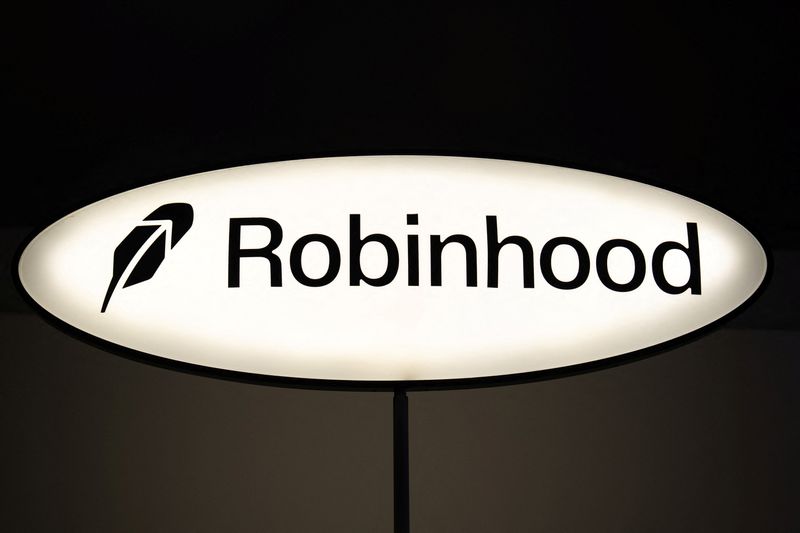 A Robinhood logo is displayed at the Robinhood Markets, Inc. event in New York City, U.S., March 4, 2026.   REUTERS/David 'Dee' Delgado