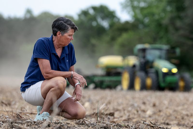 Farmer Susan Watkins, who was among the four women whose reappointments to the United Soybean Board were rejected by the U.S. Department of Agriculture, checks seed depth and moisture as her son Cody Watkins plants soybeans in Sutherland, Virginia, U.S, April 22, 2026. REUTERS/Evelyn Hockstein