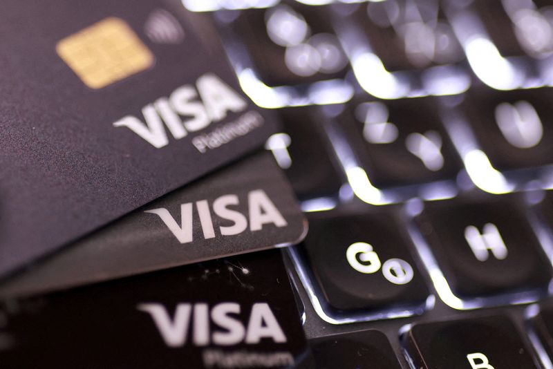 FILE PHOTO: Visa cards are seen in this illustration taken February 3, 2026. REUTERS/Dado Ruvic/Illustration/File Photo