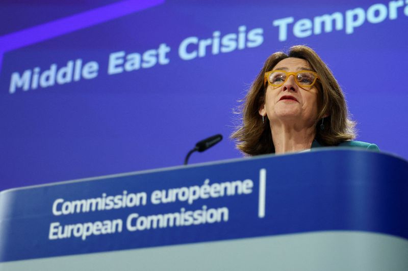 European Commission Executive Vice-President for Clean, Just and Competitive Transition, Teresa Ribera, speaks during a press conference announcing the Middle East Crisis Temporary State Aid Framework (METSAF) amid the war in Iran, in Brussels, Belgium, April 29, 2026. REUTERS/Yves Herman