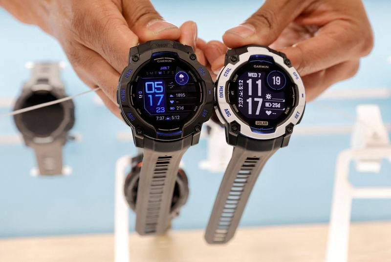 Garmin Instinct 3 (L) and Instinct 3 Solar GPS smartwatches with AMOLED displays are displayed during CES 2026, an annual consumer electronics trade show, in Las Vegas, Nevada, U.S. January 7, 2026. REUTERS/Steve Marcus