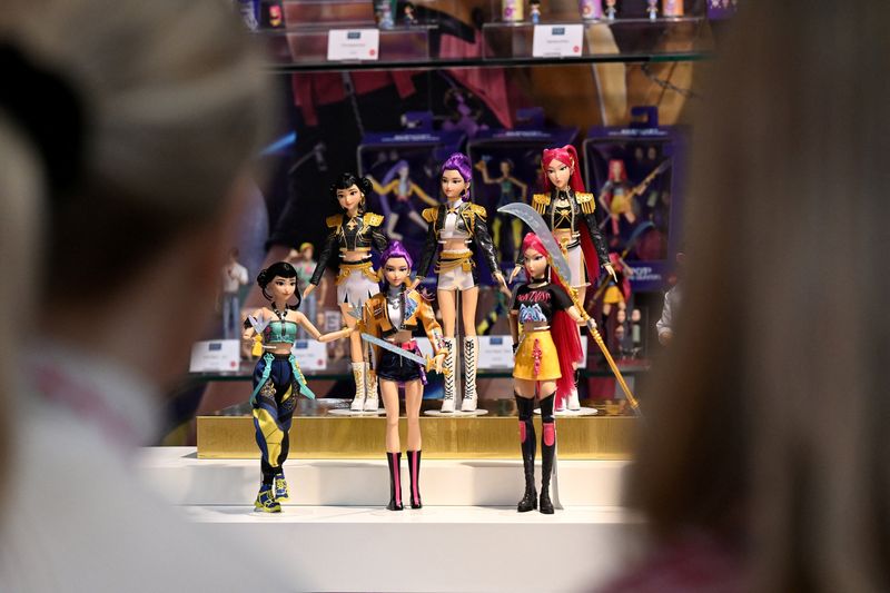 Figures from the "KPop Demon Hunters" toy series are on display at Mattel's booth at the Nuremberg Toy Fair in Nuremberg, Germany, January 26, 2026. REUTERS/ Angelika Warmuth
