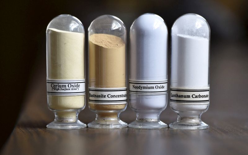 Samples of rare earth minerals from left, Cerium oxide, Bastnasite, Neodymium oxide and Lanthanum carbonate are on display during a tour of Molycorp's Mountain Pass Rare Earth facility in Mountain Pass, California June 29, 2015.  REUTERS/David Becker