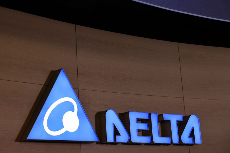 FILE PHOTO: The logo of Delta Electronics is pictured at their office, in Taipei, Taiwan, March 17, 2021. REUTERS/Ann Wang/ File Photo