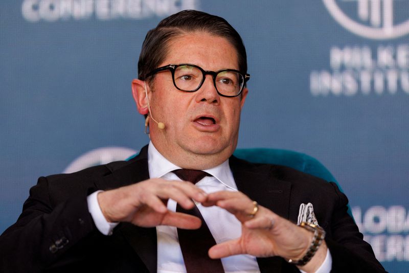 FILE PHOTO: Eric Martel, President and CEO of Bombardier, speaks at the 2023 Milken Institute Global Conference in Beverly Hills, California, U.S., May 2, 2023. REUTERS/Mike Blake/File Photo