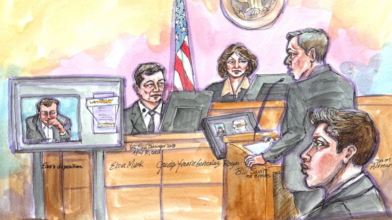 OpenAI attorney William Savitt cross-examines Elon Musk as his deposition is played on a screen, during Musk's lawsuit trial over OpenAI's for-profit conversion before U.S. District Judge Yvonne Gonzalez Rogers, with Sam Altman, CEO of OpenAI, sitting in the foreground, at a federal courthouse in Oakland, California, U.S., April 30, 2026, in a courtroom sketch. REUTERS/Vicki Behringer
