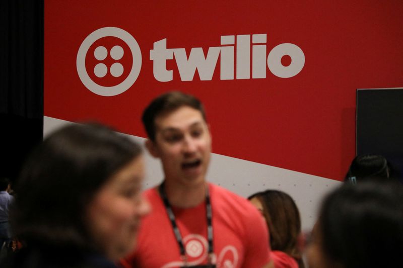 The logo of communication company Twilio is displayed at the Collision conference in Toronto, Ontario, Canada June 23, 2022. Picture taken June 23, 2022. REUTERS/Chris Helgren