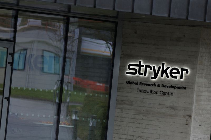 FILE PHOTO: The logo of Stryker medical technology company is seen on their plant in the IDA (Industrial Development Agency) estate, in Carrigtwohill, County Cork, Ireland March 28, 2025. REUTERS/Clodagh Kilcoyne/File Photo