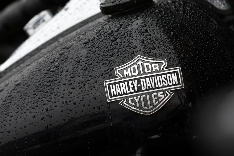 The logo of Harley-Davidson is seen on a motorcycle at a dealership in Queens, New York City, U.S., February 7, 2022. REUTERS/Andrew Kelly
