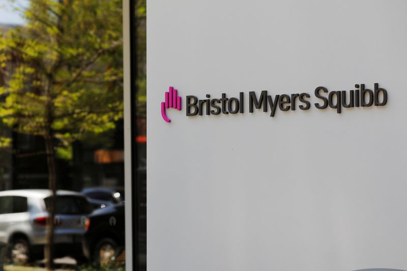 FILE PHOTO: A sign stands outside a Bristol Myers Squibb facility in Cambridge, Massachusetts, U.S., May 20, 2021.    REUTERS/Brian Snyder/ File Photo