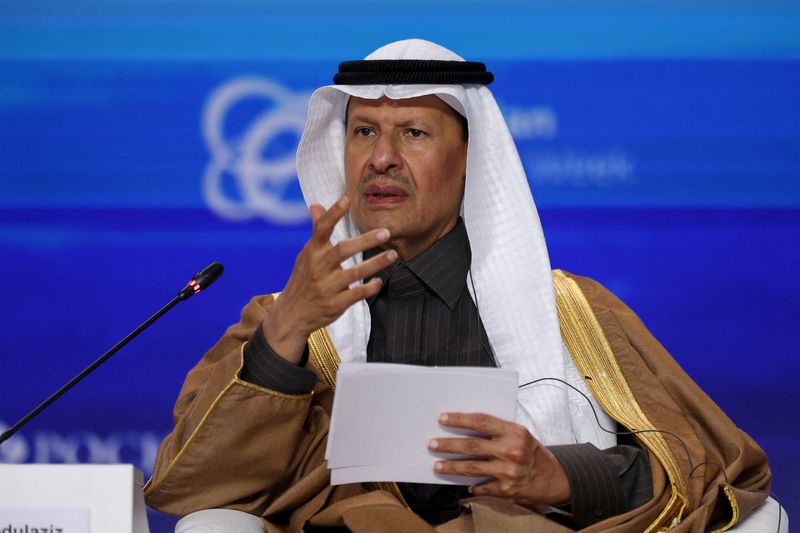 FILE PHOTO: Saudi Arabia's Minister of Energy Prince Abdulaziz bin Salman Al Saud speaks during a session of the Russian Energy Week international forum in Moscow, Russia, October 15, 2025. REUTERS/Ramil Sitdikov/File Photo