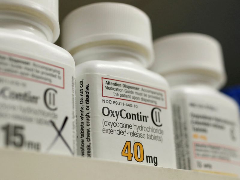FILE PHOTO: Bottles of prescription painkiller OxyContin made by Purdue Pharma LP sit on a shelf at a local pharmacy in Provo, Utah, U.S., April 25, 2017.   REUTERS/George Frey/File Photo
