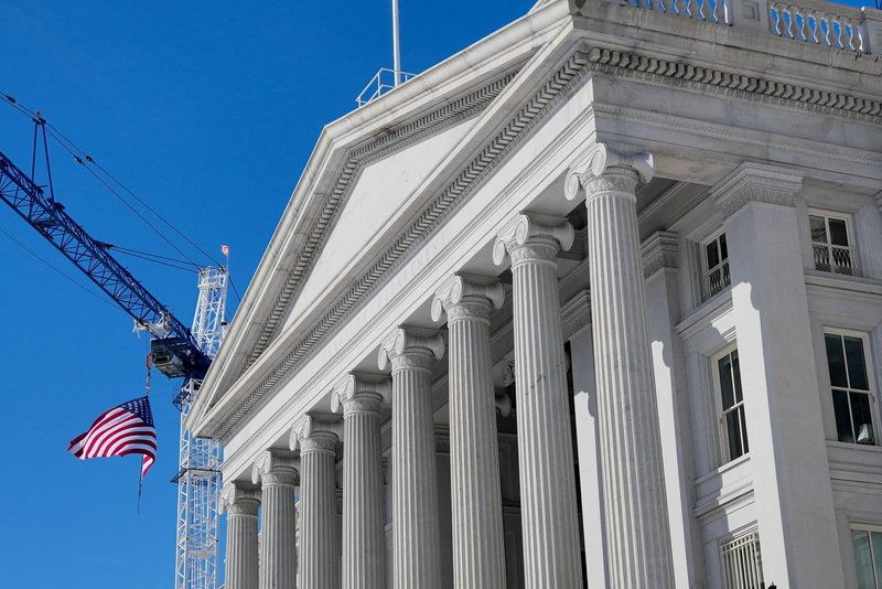 FILE PHOTO: A general view of the Treasury Building in Washington, D.C., U.S., February 1, 2026. REUTERS/Ken Cedeno/File Photo