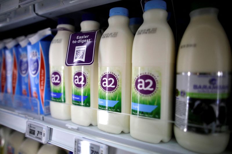 FILE PHOTO: A2 milk is seen on a supermarket shelf in Singapore April 16, 2018. Picture taken April 16, 2018. REUTERS/Thomas White/File Photo