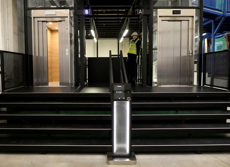 FILE PHOTO: Elevators at the KONE Academy of Finnish elevators and escalators manufacturer KONE in Hanover, Germany, February 6, 2020. REUTERS/Fabian Bimmer/File Photo