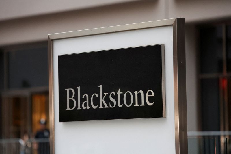 A logo of Blackstone is pictured near the scene of a deadly mass shooting in Manhattan, New York City, U.S. July 29, 2025. REUTERS/Mike Segar