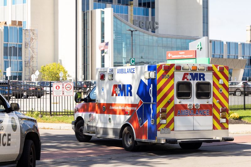 FILE PHOTO: An ambulance is seen outside the Erie County Medical Center (ECMC) Hospital in Buffalo, New York, U.S., September 28, 2021. REUTERS/Lindsay DeDario/ File Photo