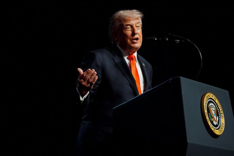 U.S. President Donald Trump speaks during an event at the Raymond F. Kravis Center for the Performing Arts in West Palm Beach, Florida, U.S., May 1, 2026. REUTERS/Nathan Howard