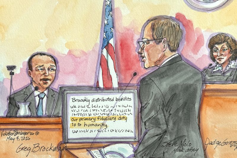 OpenAI President Greg Brockman is questioned by Elon Musk's lawyer Steven Molo, during Musk's lawsuit trial over OpenAI's for-profit conversion before U.S. District Judge Yvonne Gonzalez Rogers at a federal courthouse in Oakland, California, U.S., May 4, 2026 in a courtroom sketch.  REUTERS/Vicki Behringer