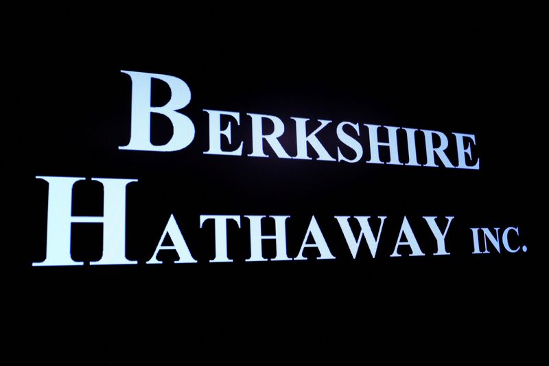 Berkshire Hathaway logo is displayed on a screen on the floor of the New York Stock Exchange (NYSE) in New York City, U.S., May 10, 2023.  REUTERS/Brendan McDermid