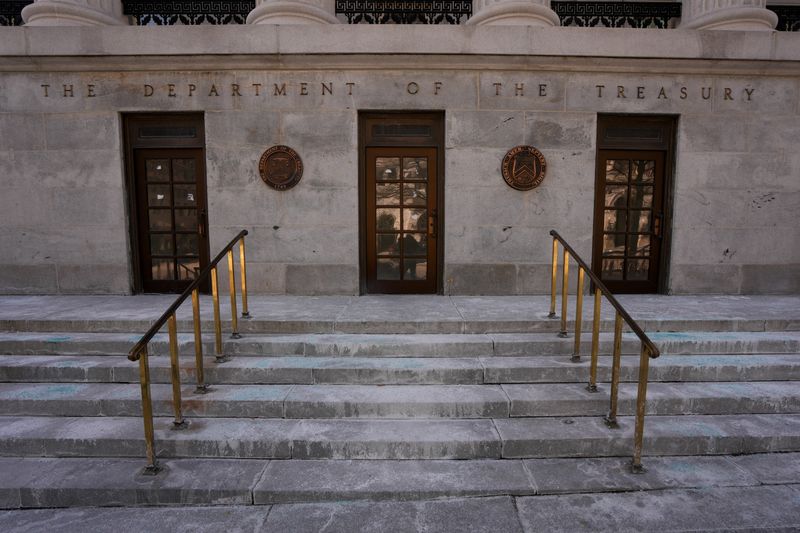 A general view of the entrance to the U.S. Department Of The Treasury in Washington, D.C., U.S., February 1, 2026. REUTERS/Ken Cedeno