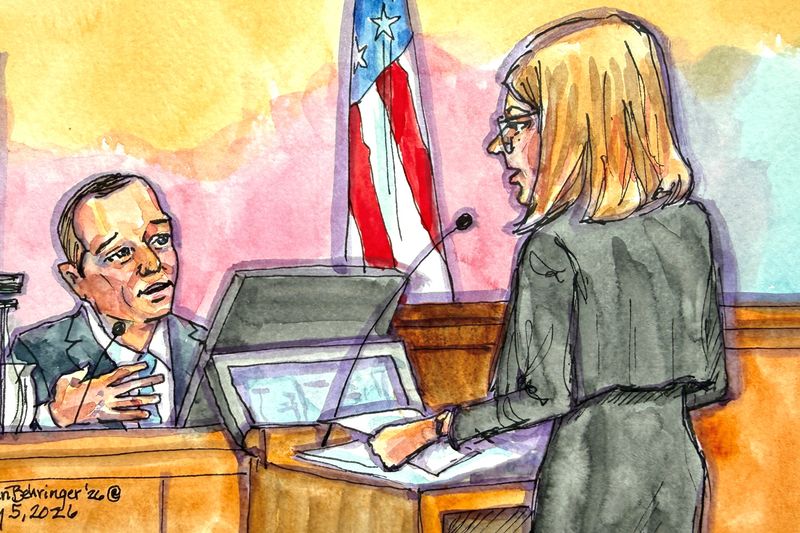 OpenAI President Greg Brockman is questioned by OpenAI attorney Sarah Eddy, during Musk's lawsuit trial over OpenAI's for-profit conversion at a federal courthouse in Oakland, California, U.S., May 5, 2026 in a courtroom sketch.  REUTERS/Vicki Behringer.