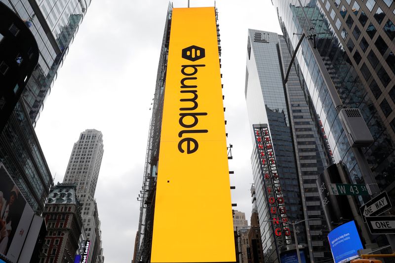 A display in Times Square is pictured as dating app operator Bumble Inc. (BMBL) made its debut on the Nasdaq stock exchange during the company's IPO in New York City, New York, U.S., February 11, 2021. REUTERS/Mike Segar